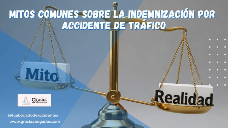 Balanza de la justicia con los platillos etiquetados como mito y realidad, representando creencias erróneas frente a información veraz sobre indemnizaciones por accidente de tráfico.