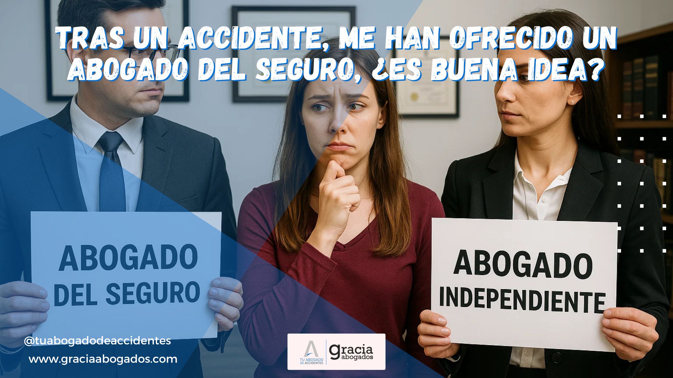 Mujer dudando entre abogado del seguro y abogado independiente tras un accidente de tráfico